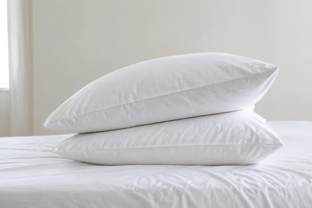 Zwei aufeinandergestapelte Kopfkissen auf einem Bett