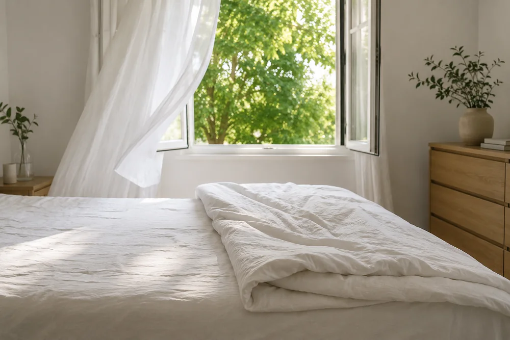 Gelüftetes Schlafzimmer mit offenem Fenster und frisch bezogenem Bett
