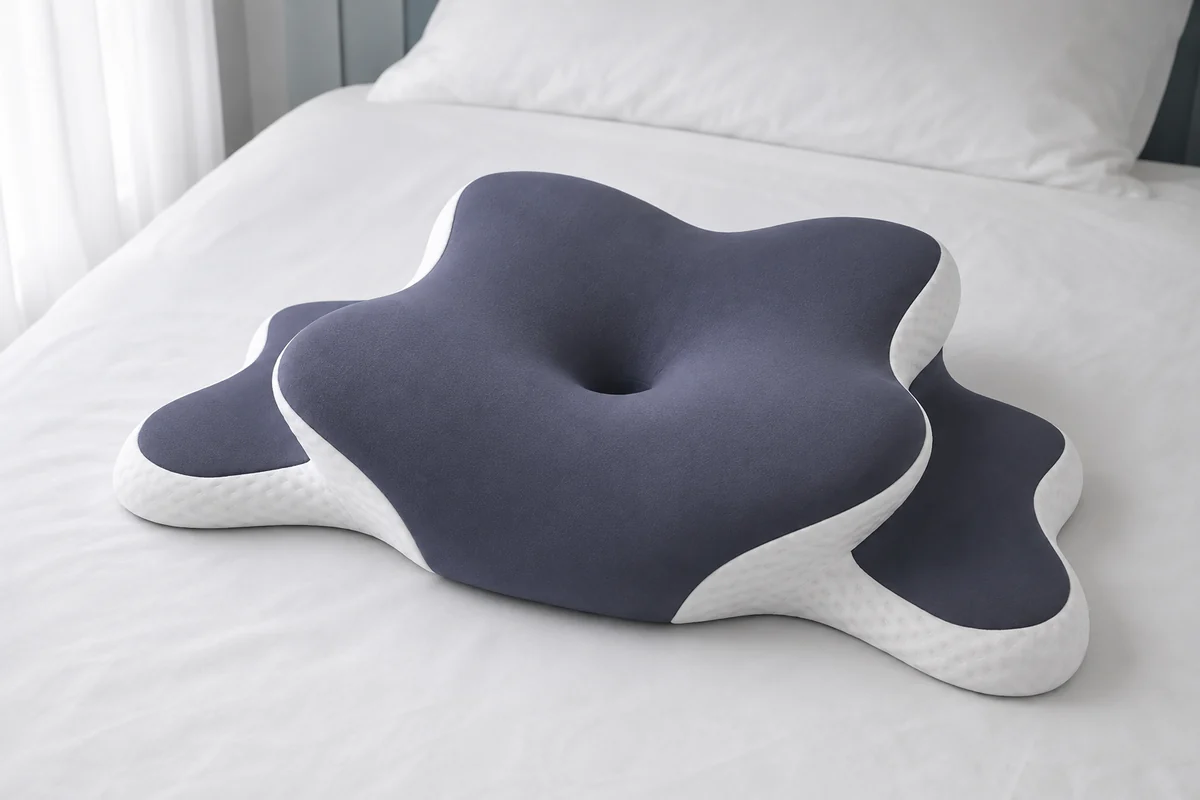 Nackfein Nackenkissen auf einem Bett, mittlere Mulde, hohe Flügel und seitliche Aussparungen sichtbar