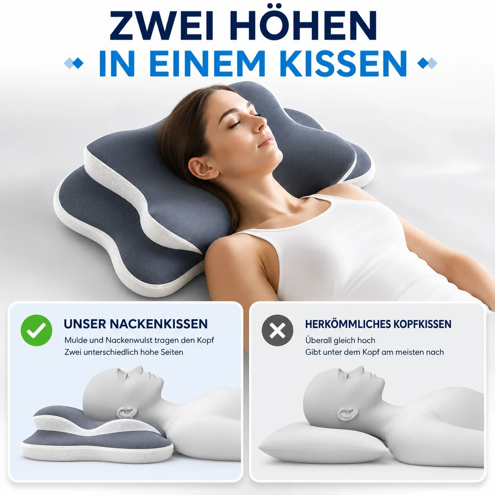 Vergleich: das Nackfein Nackenkissen und ein herkömmliches Kopfkissen unter dem Kopf einer Schläferin