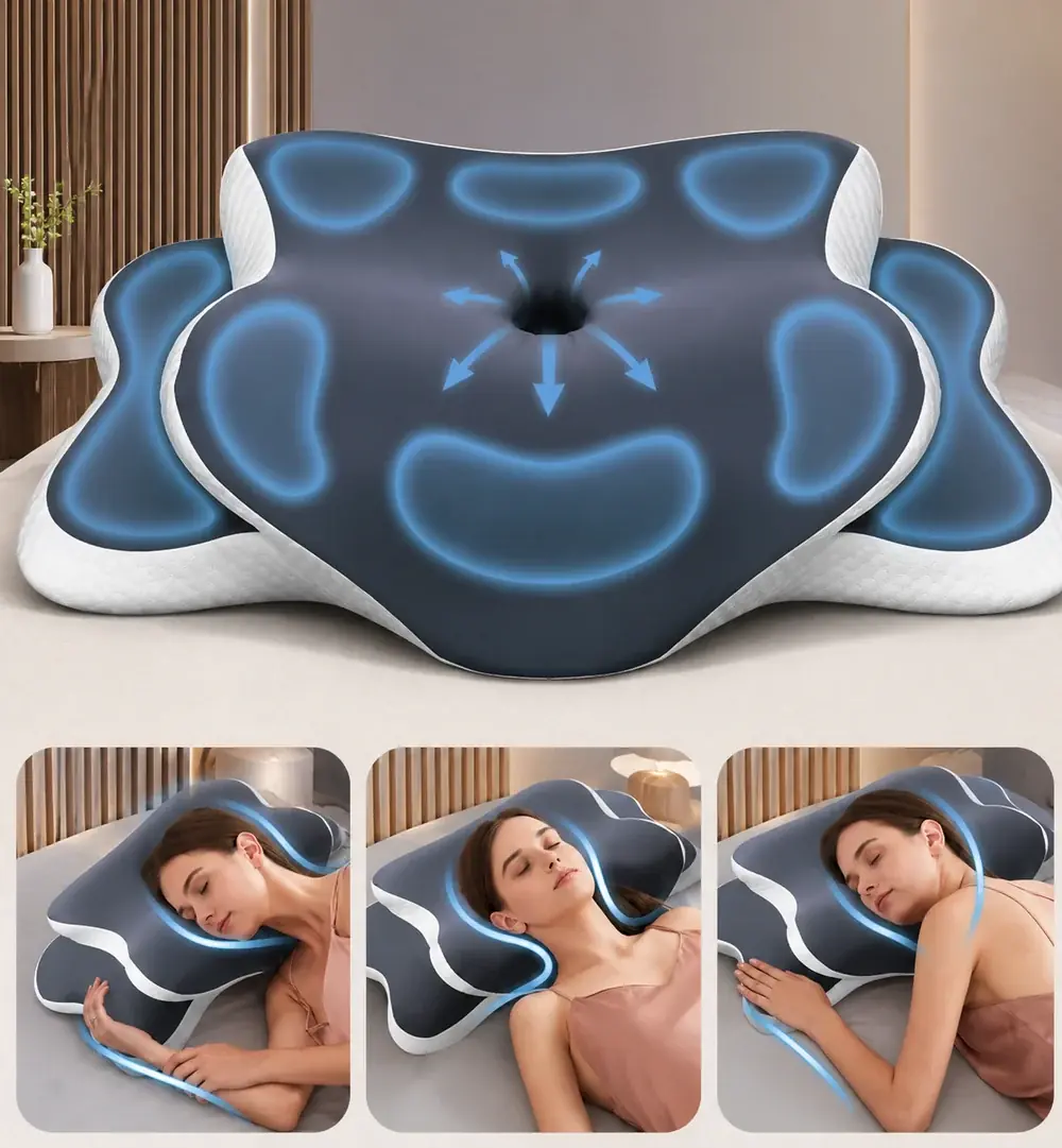 Die Auflagezonen des Nackfein Nackenkissens und drei Schlafpositionen