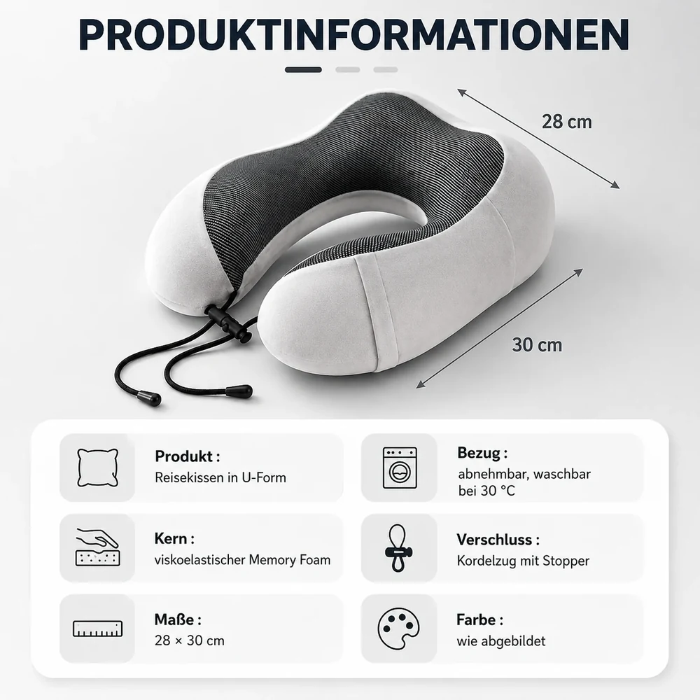Produktdatenblatt des Nackfein Reisekissens: Maße 28 × 30 cm, Bezug, Kern und Verschluss