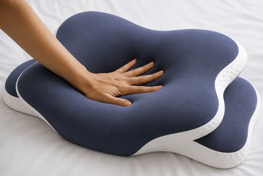 Eine Hand drückt einen Memory-Foam-Kissenkern ein, um das Rückstellvermögen zu prüfen